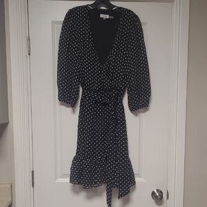 Calvin Klein Black Wrap Dress with Ruffled Hem and Bishop Sleeves